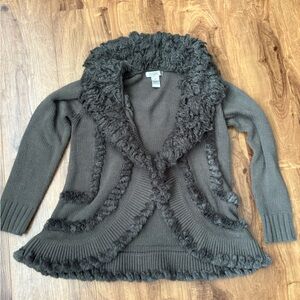 Laseine wrap sweater, charcoal gray, fringe, good used condition, size M